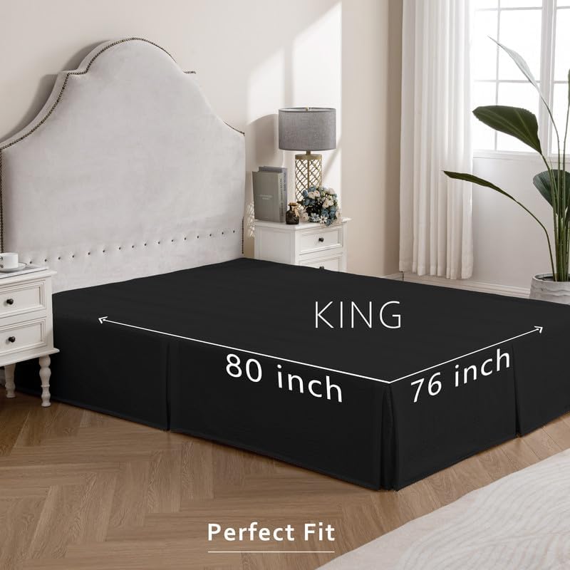 MIYE Pleated Waffle Weave Bed Skirt, Tailored Dust Ruffle 14 Inch Drop Easy Fit, Machine Washable (Black, King - 14" Drop)