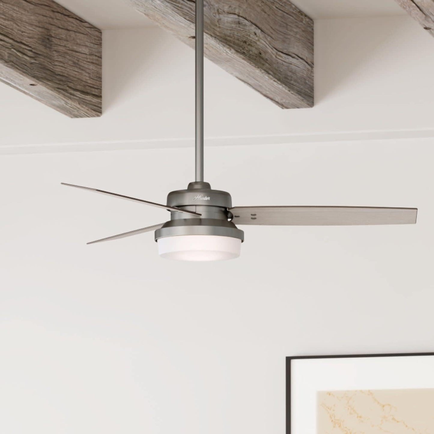 Hunter 52 inch Indoor Ceiling Fan with LED Light and Remote Control - Standard Mount White Ceiling Fan, 3 Blades, For Bedroom, Living Room, or Kitchen - Sentinel 59169, Fresh White