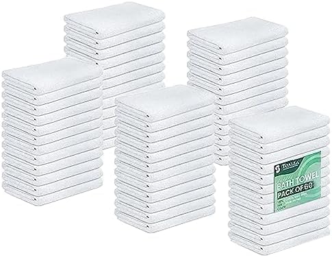 (Pack of 60 White Bath Towels Bulk 20x40 Inches -100% Cotton Economy Cheap Bath Towels for Commercial Uses, Gym, Salon, Spa & Hair -Lightweight Bath Towel Quick Drying -Bath Towel Sets Bulk