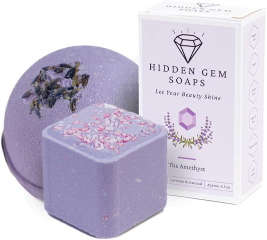 February Birthstone Amethyst 3 Piece Gift Set All Natural Bar Soap, Bath Bomb, Shower Steamer Made in USA Palm Oil Free