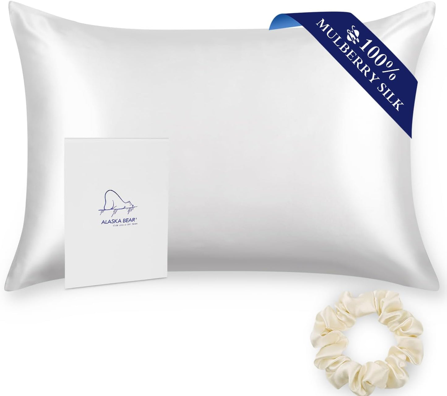 ALASKA BEAR Silk Pillowcase for Hair and Skin, 100% Mulberry Silk Pillow Cases King Size for Bliss Sleep with Random Color Scrunchy Gift Set Better Than Poly Satin, Zipper Closure, 1pc, Cool White