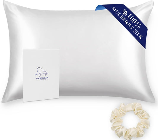 ALASKA BEAR 100% Pure Mulberry Silk Pillowcase for Curly Hair Pillow Slip Cover Machine Washable Body Size(1pc, Cool White)