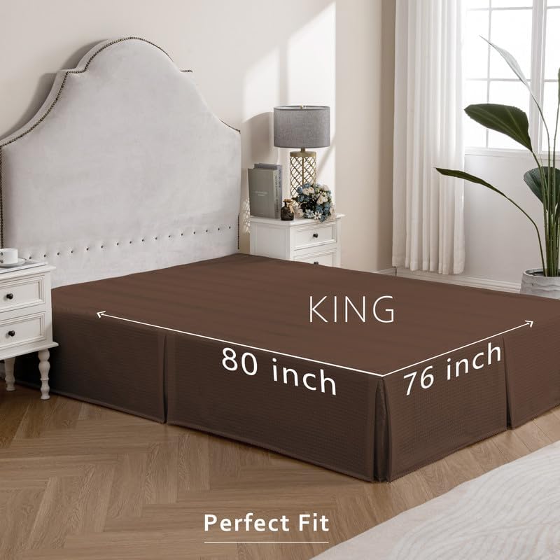 MIYE Pleated Waffle Weave Bed Skirt, Tailored Dust Ruffle 18 Inch Drop Easy Fit, Machine Washable (Brown, King - 18" Drop)