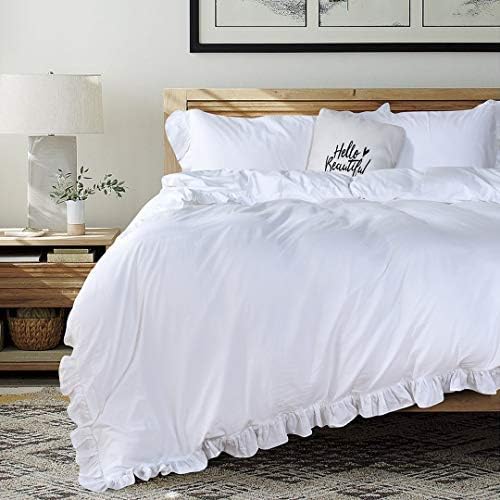 QSH White Ruffle Duvet Cover Queen Washed Cotton Farmhouse Shabby Boho Chic Bedding Comforter Quilt Cover 3 Pieces Vintage Aesthetic French Country Queen Bed Set Extra Soft Breathable