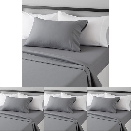 Amazon Basics Lightweight Super Soft Easy Care Wrinkle Free Microfiber 3 Piece Bed Sheet Set with 14-Inch Deep Pockets, Twin, Dark Gray, Solid, Kids, Men & Women Bedding (Pack of 4)