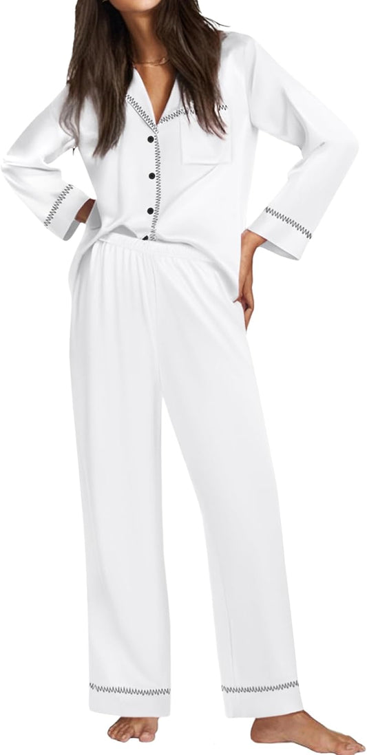 Ekouaer Satin Pajama Set for Women Silky Sleepwear Long Sleeve Top and Pants Button Down Pjs Lounge Set