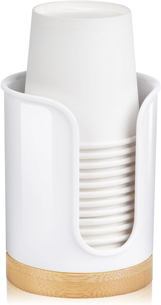 Bathroom Cup Dispenser - Small Cup Holder for Dixie 3 oz Bathroom Cups, Mouthwash Cups, 3 4 Ounce Cup Dispenser - PC/Bamboo, White, Pack of 1