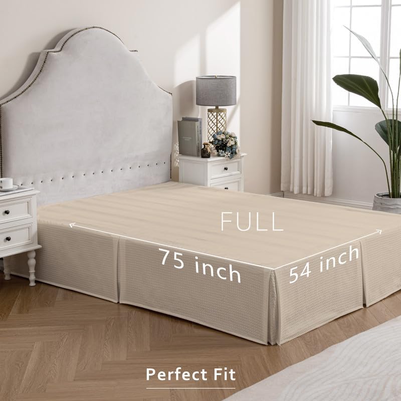 MIYE Pleated Waffle Weave Bed Skirt, Tailored Dust Ruffle 12 Inch Drop Easy Fit, Machine Washable,No Split Corners (Beige, Full - 12" Drop)