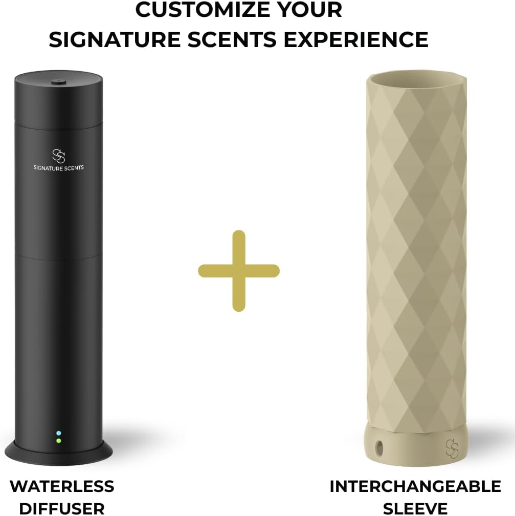 Waterless Essential Oil Hotel Scent Diffuser - Cold Air Diffuser - Covers 1000 sq. ft. - Waterless Diffuser for Home, Office & Hotel (Black + Interchangeable Sleeve) (Black + Bone White Sleeve)