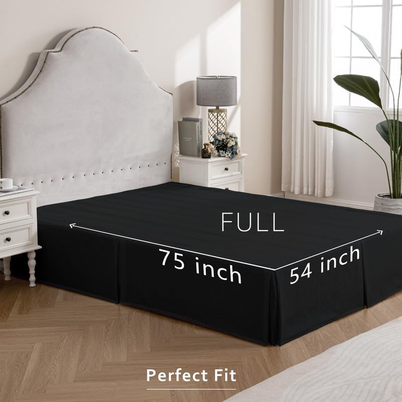 MIYE Pleated Waffle Weave Bed Skirt, Tailored Dust Ruffle 16 Inch Drop Easy Fit, Machine Washable (Black, Full - 16" Drop)