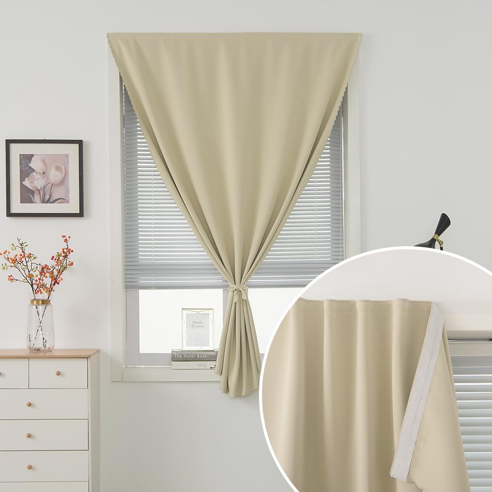 Self Adhesive Portable Blackout Curtains for Bedroom Easy to Install Window Thermal Lnsulated Kitchen Room Darkening Small Window Curtains, Cortinas Para Cuarto, 35"W X 79"L, Beige, 1 Panel
