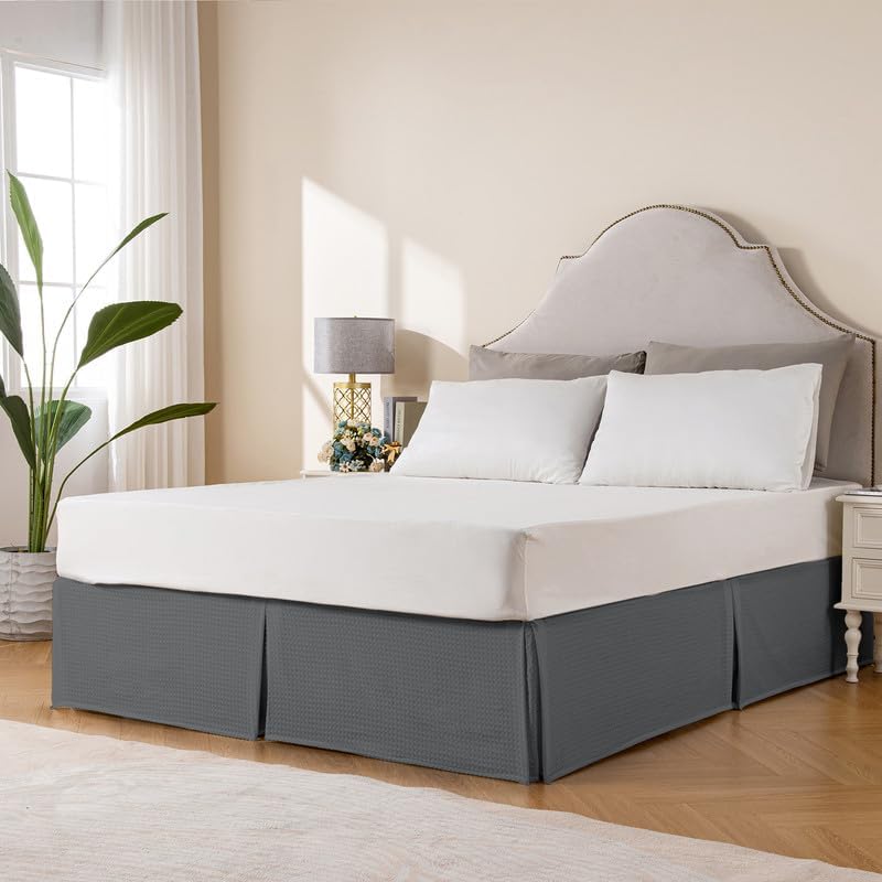 MIYE Pleated Waffle Weave Bed Skirt, Tailored Dust Ruffle 22 Inch Drop Easy Fit, Machine Washable (Dark Grey,Cal King - 22" Drop)