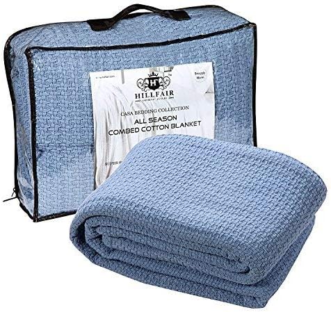 HILLFAIR 100% Combed Cotton Blanket– Queen Bed Blanket– Soft Cozy Warm Multipurpose Throws for Luxury Home Decor– 90 x 90 inch Queen Size Cotton Blankets for Beds- Bed Blankets for All Season- Blue