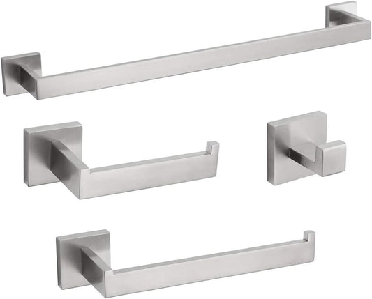 4-Piece Bathroom Hardware Set, Towel Rack Towel Bar Towel Holder Toilet Paper Holder Brushed Nickel Towel Hooks Modern Square Stainless Steel Wall Mounted Bathroom Accessories Set, 23inch