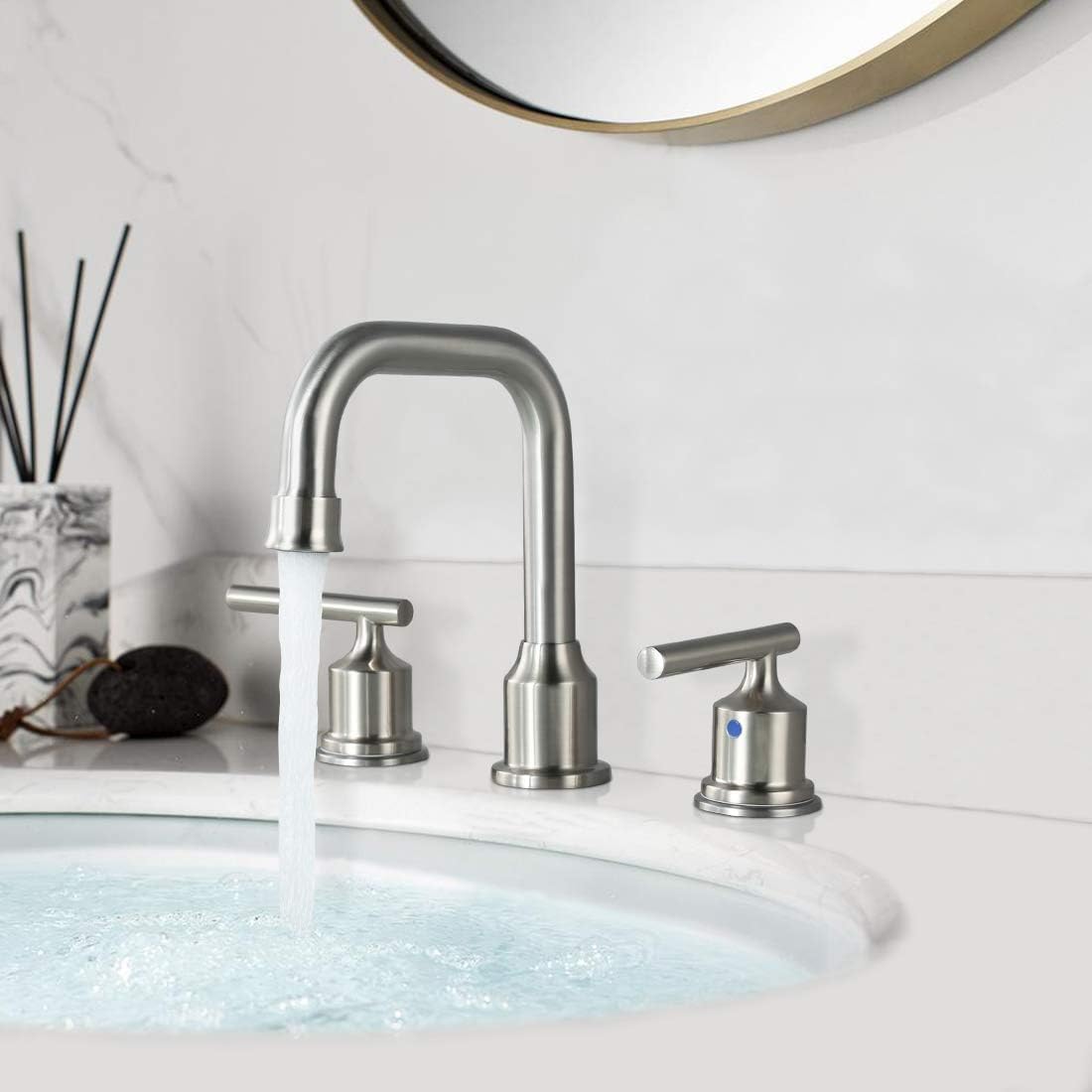WOWOW Brushed Nickel Bathroom Faucet: Widespread Bathroom Sink Faucet Set 3 Hole with Pop-up Drain and Supply Lines, 8 Inch Vanity Faucet 3 Pieces Basin Tap 2 Handle Modern (2 Pack)