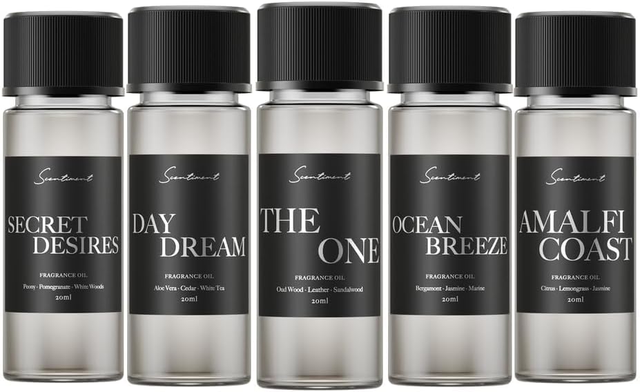 Scentiment Hotel Diffuser Oil Discovery Kit | Inspired by Elite Five Star & Luxury Hotel Scents | Aromatherapy Oils with Notes of Cardamom, Tuscan Leather, and Sandalwood (20ml, Top 5 Scents)