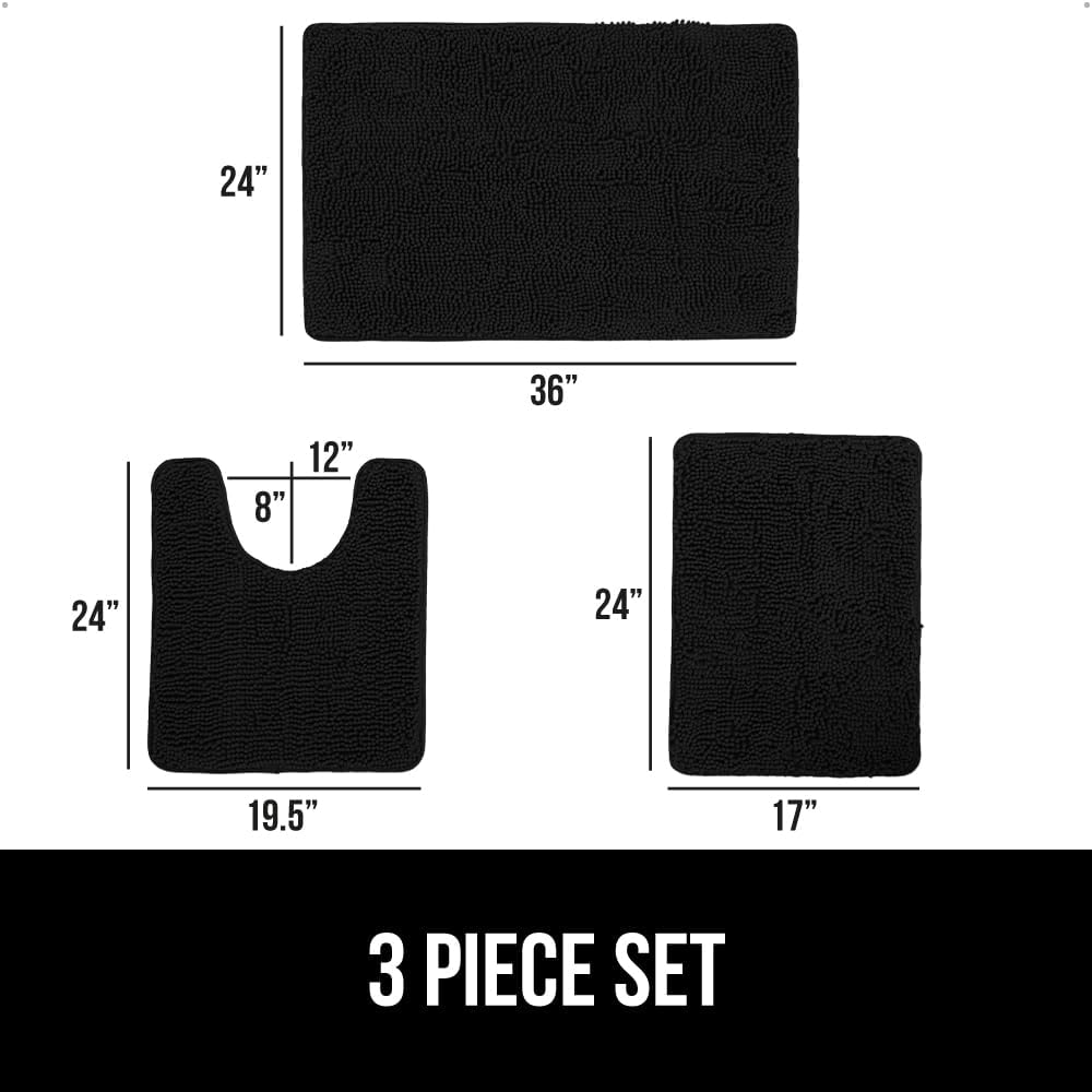 GORILLA GRIP Bathroom Rug Sets 3 Piece, Bath Mat Set and Oval Toilet Base with Rubber Backing, Plush Absorbent Shaggy Chenille Washable Mats, Includes 24x19.5, 24x17 and 36x24 Inch Rugs, Black