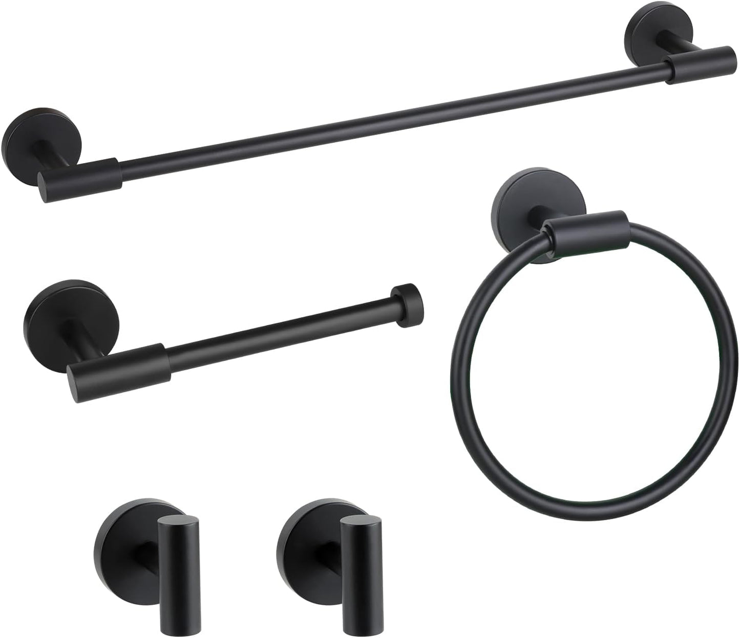 Matte Black Bathroom Hardware Accessories Set 5 Pieces, SUS304 Stainless Steel Bathroom Towel Bar Toilet Paper Holder Set Wall Mounted-19 Inch Towel Bar, Toilet Paper Holder, Towel Hooks, Towel Ring