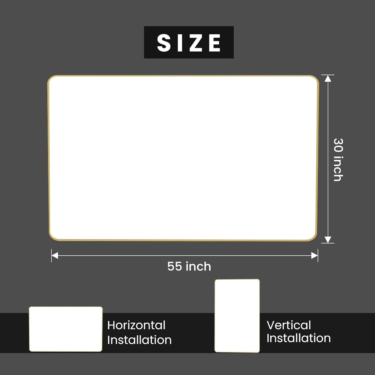 Gold Bathroom Mirror, 55x30 Inch Brushed Gold Metal Frame Mirror for Wall, Rounded Rectangle Bathroom Vanity Mirror, Tempered Glass, Anti-Rust, Horizontal/Vertical