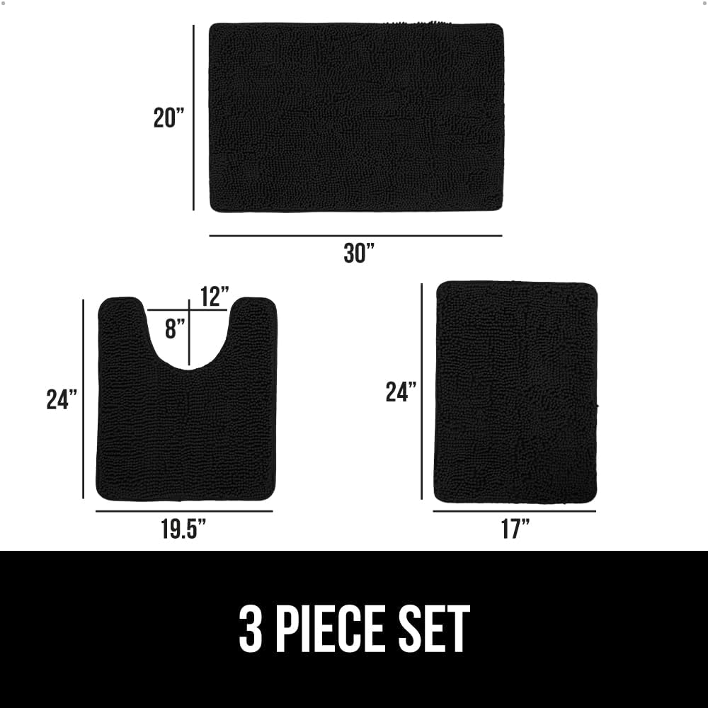 GORILLA GRIP Bathroom Rug Sets 3 Piece, Bath Mat Set and Oval Toilet Base with Rubber Backing, Plush Absorbent Shaggy Chenille Washable Mats, Includes 24x19.5, 24x17 and 30x20 Inch Rugs, Black