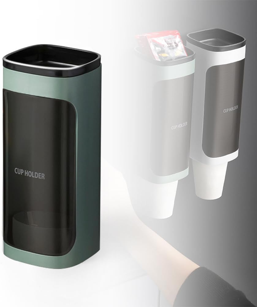 Cup Dispenser Wall Mounted, Bathroom Cup Dispenser Holder for 3oz-9.5oz Disposable Paper and Plastic Cups, Water Cooler Cup Dispenser with Adhesive Plate (Single Green, 1 Pcs)
