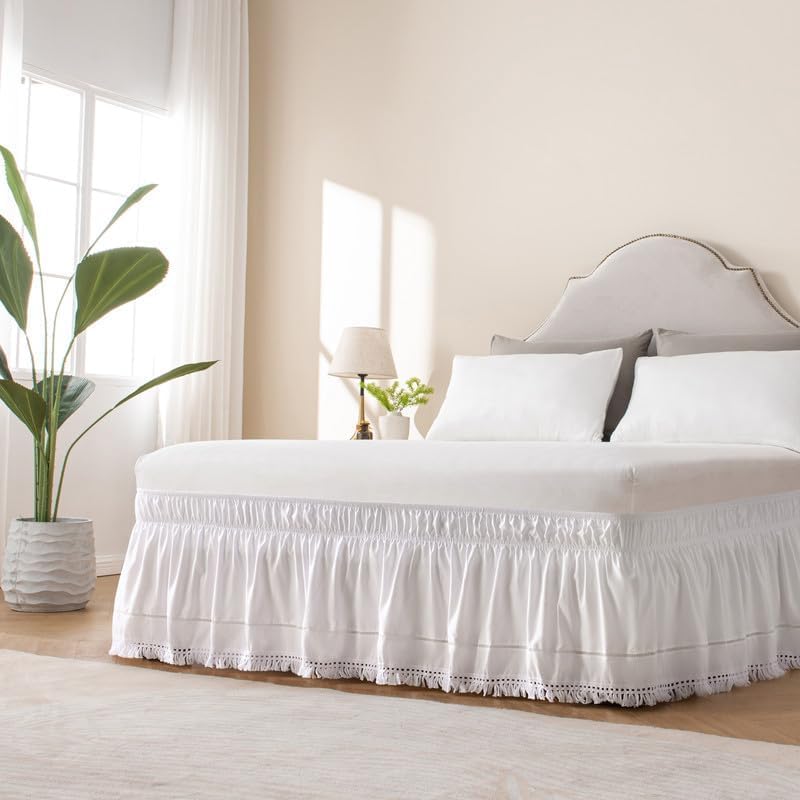 MIYE Wrap Around Ruffled Lace Bed Skirt, Elastic Dust Ruffle with Adjustable Belts, Easy to Put On, Bed Frame Cover, Machine Washable (Tassel Ruffle/White, King/Queen-18 Drop)