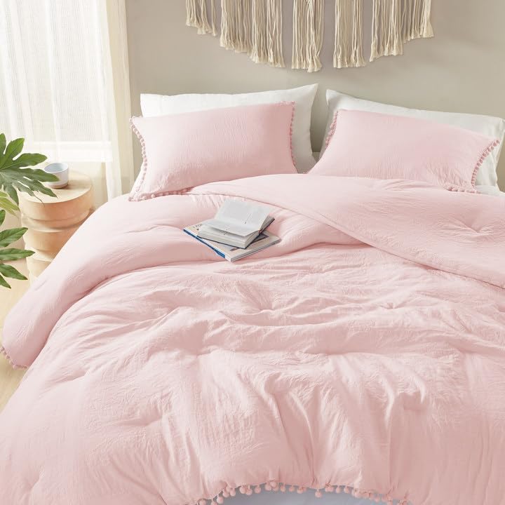 Codi Blush Full/Queen Comforter Set - Boho Aesthetic Bedding with Luxurious Pom Fringe, Soft Washed Microfiber 3pc Set for Adults, Couple-Friendly Lightweight Design, 1 Comforter & 2 Pillow Shams