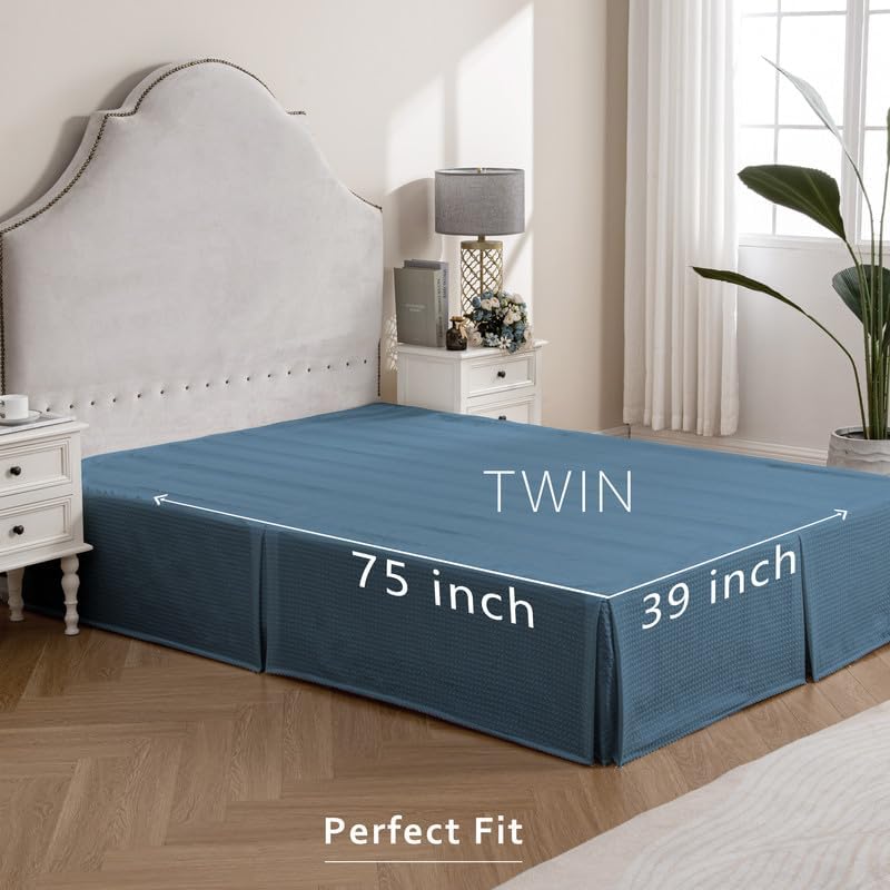 MIYE Pleated Waffle Weave Bed Skirt, Tailored Dust Ruffle 14 Inch Drop Easy Fit, Machine Washable (Blue, Twin - 14" Drop)