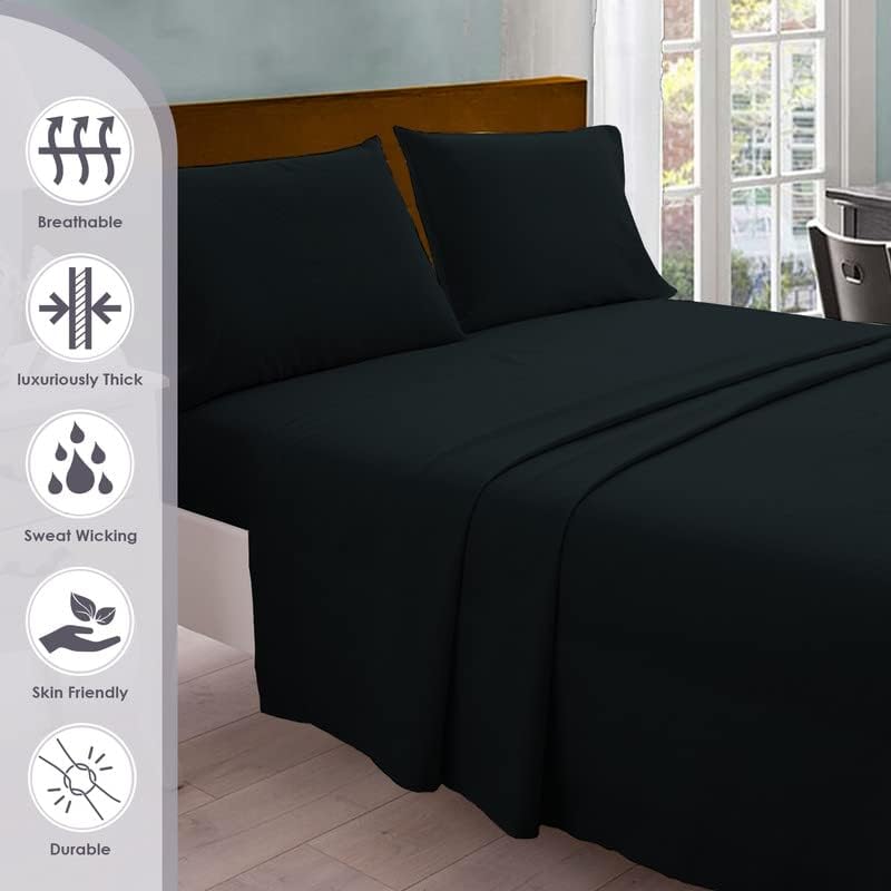 Pizuna Pure 100% Cotton Sheets Full Size, 800 Thread Count Long Staple Crisp Sateen Sheets with 15 Inch Deep Pocket - Combed Black