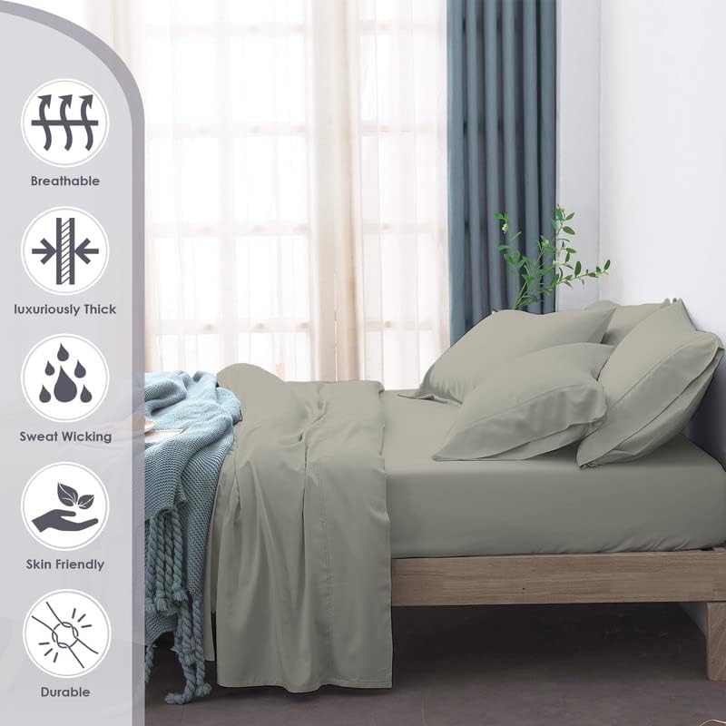 Pizuna Pure 100% Cotton Queen Size Sheet Set New Silver, 800 Thread Count 100% Long Staple Cotton Sateen Queen Sheet Set with 15" Deep 2 Extra Pillowcases (Combed Cotton Bed Sheet Set)