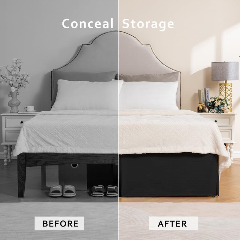 MIYE Pleated Waffle Weave Bed Skirt, Tailored Dust Ruffle 14 Inch Drop Easy Fit, Machine Washable (Black, King - 14" Drop)