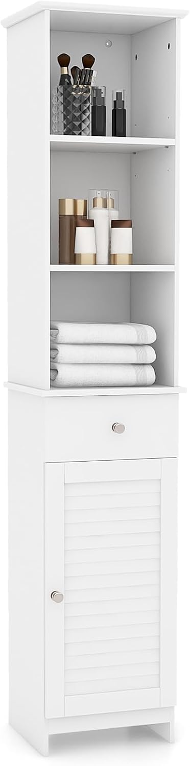 Giantex 64.5” Tall Bathroom Cabinet, Narrow Floor Storage Cabinet with Adjustable Shelves, 1 Door & 1 Drawer, Anti-Toppling Design, Modern Storage Organizer for Bathroom, Living Room, Hallway