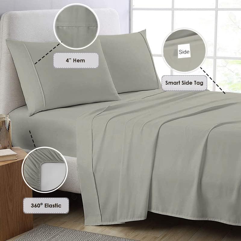 Pizuna Pure 100% Cotton Queen Size Sheet Set New Silver, 800 Thread Count 100% Long Staple Cotton Sateen Queen Sheet Set with 15" Deep 2 Extra Pillowcases (Combed Cotton Bed Sheet Set)