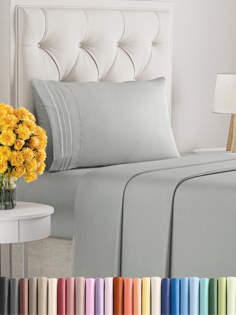 Twin Size 3 Piece Sheet Set - Extra Soft, Breathable And Cooling Sheets - Hotel Luxury Bed Sheets for Women & Men - Deep Pockets, Easy-Fit & Wrinkle-Free Sheets - Light Slate Grey Oeko-Tex Bed Sheets