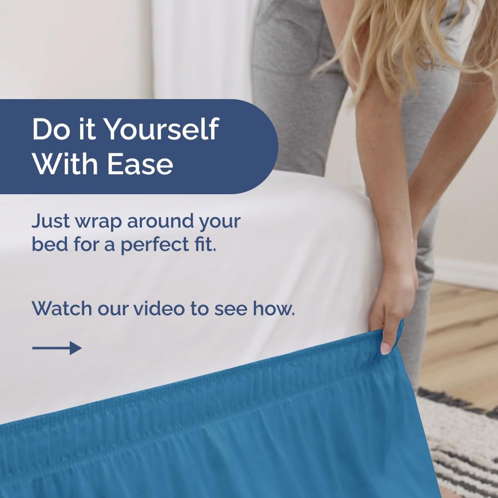 Wrap Around Dust Ruffle Bed Skirt - Denim Blue - for King Size Beds with 12 Inch Drop - Elastic Strap - Adjustable Pleated Bedskirt with Brushed Fabric and Wrinkle Free - for Women, Men, Kids & Teens