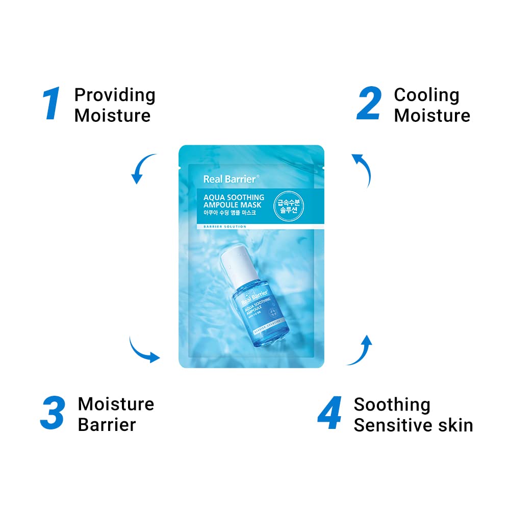 Real Barrier | Aqua Soothing Ampoule Face Sheet Mask | Sheet Masks with Hyaluronic Acid | Korean Face Mask Skincare | Moisturizing & Hydrating for Dry & Sensitive Skin | Facial Moisturizer | 10 Sheets