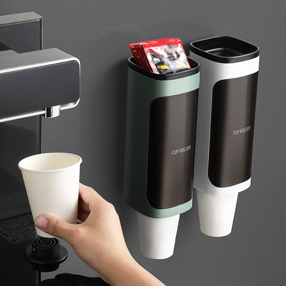 2 Pcs Cup Dispenser Wall Mounted, Bathroom Cup Dispenser Holder for 3oz-9.5oz Disposable Paper and Plastic Cups, Water Cooler Cup Dispenser with Adhesive Plate (Single Green)