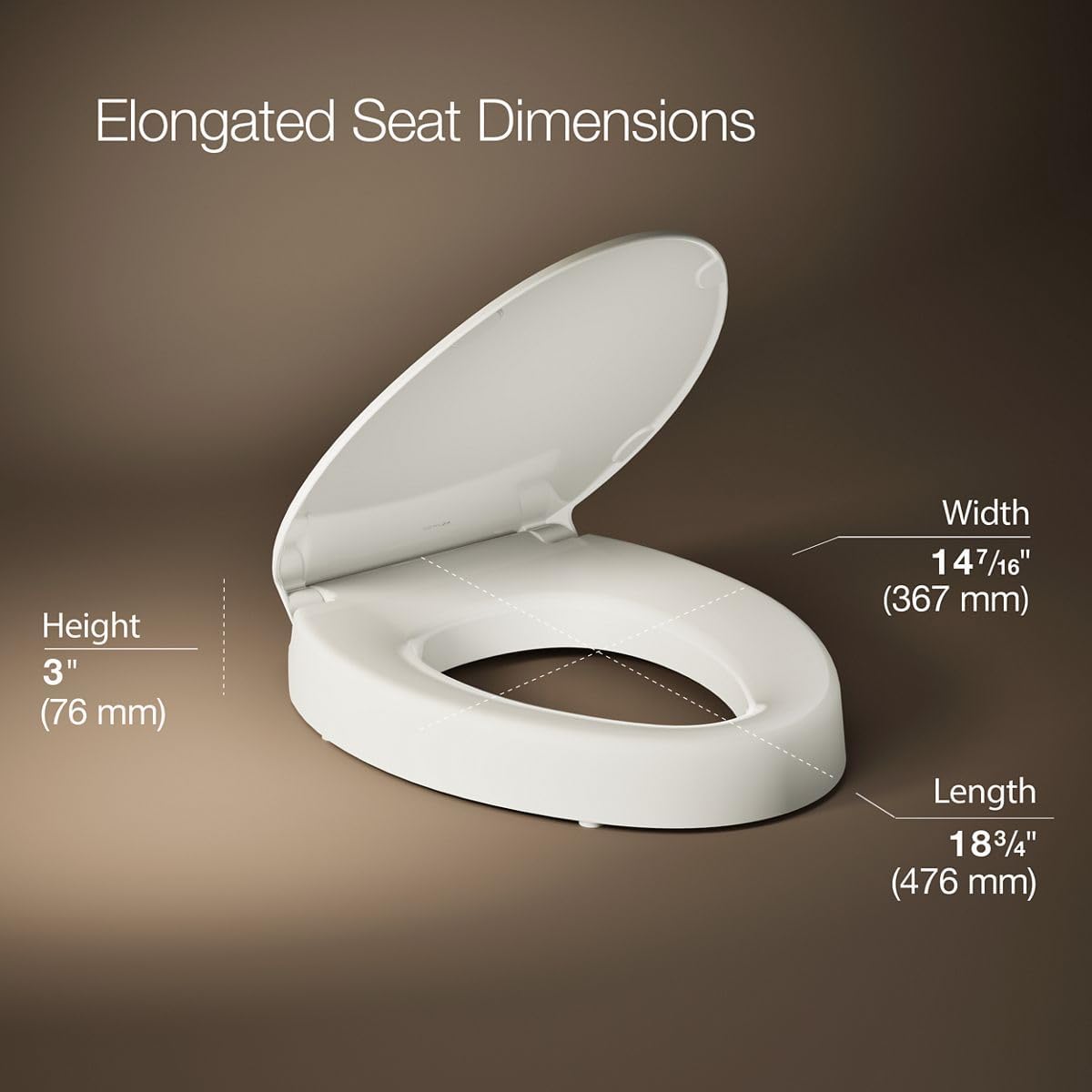 KOHLER 25875-96 Hyten 3" Height, Elevated Soft Close Elongated Toilet Seat, Contoured Seat with Grip-Tight Bumpers, Quick-Attach Hardware, No Slam Toilet Seat, Biscuit