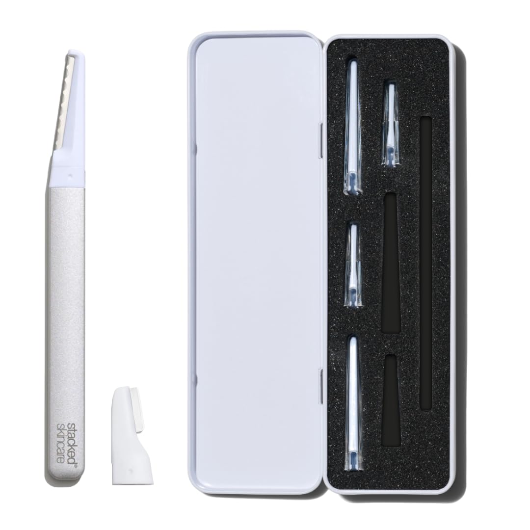 StackedSkincare Dermaplaning Kit for Face - At Home Dermaplaning Tool with Comfort Handle, 3 Replaceable Blades + 3 Precision Blades - Exfoliates, Removes Peach Fuzz, Softens Skin, 7 Count