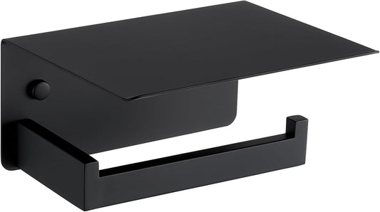 Angle Simple Toilet Paper Holder with Shelf Matte Black, 304 Stainless Steel Lavatory Tissue Roll Holder for Wall