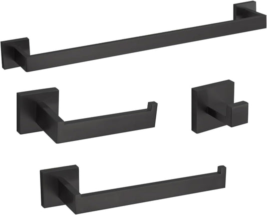 4-Piece Bathroom Hardware Set, Towel Rack Towel Bar Towel Holder Toilet Paper Holder Matte Black Towel Hooks Modern Square Stainless Steel Wall Mounted Bathroom Accessories Set (16inch)
