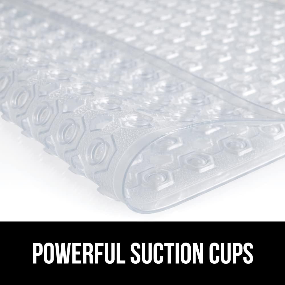 GORILLA GRIP Patented Bath Tub Shower Mat, 2 Pack, Machine Washable Bathtub Floor Liner Mats, Suction Cups and Drain Holes to Keep Tubs Clean, Soft on Feet, Bathroom Essentials, 35x16 Inch, Clear