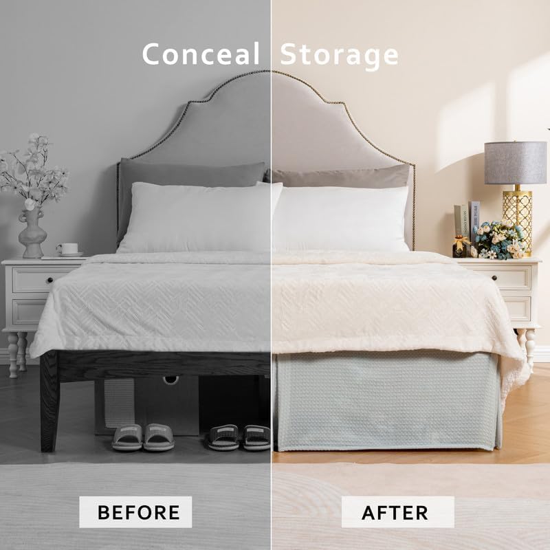MIYE Pleated Waffle Weave Bed Skirt, Tailored Dust Ruffle 16 Inch Drop Easy Fit, Machine Washable (Light Grey, Queen - 16" Drop)