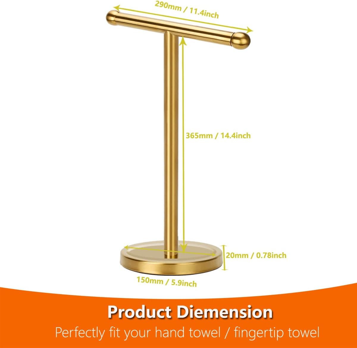 Gold Hand Towel Holder Stand with Heavy Stainless Steel Base, T-Shape Towel Rack, Free-Standing Towel Holder Countertop for Bathroom (Brushed Gold)