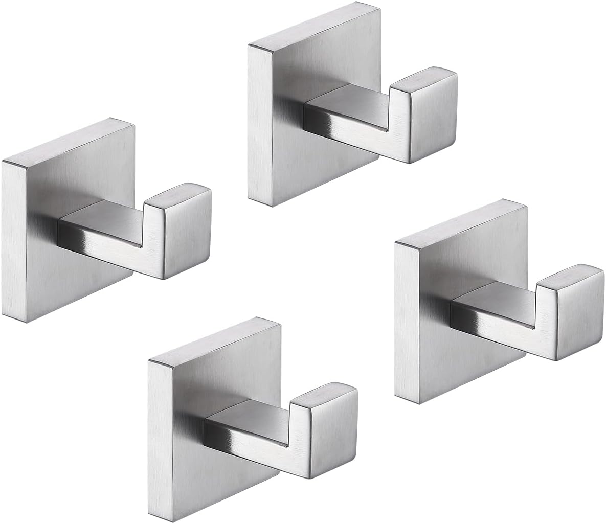 TASTOS Bath Towel Hooks Brushed Nickel, 4 Pack Stainless Steel Robe Coat and Clothes Hook, Heavy Duty Wall Hook for Bathroom & Kitchen, Modern Square Style Wall Mounted