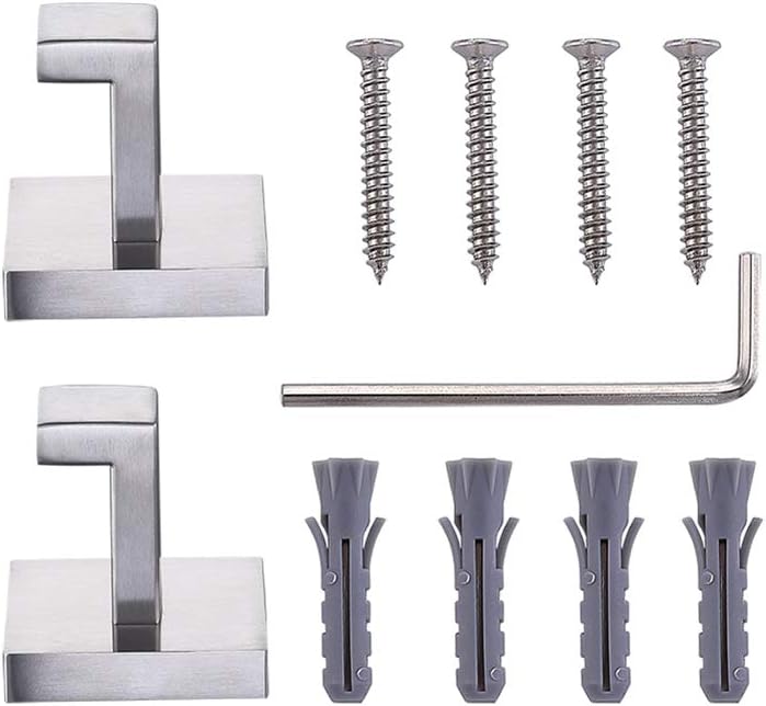 TASTOS Bath Towel Hooks Brushed Nickel, 2 Pack Stainless Steel Robe Coat and Clothes Hook, Heavy Duty Wall Hook for Bathroom & Kitchen, Modern Square Style Wall Mounted (Silver)