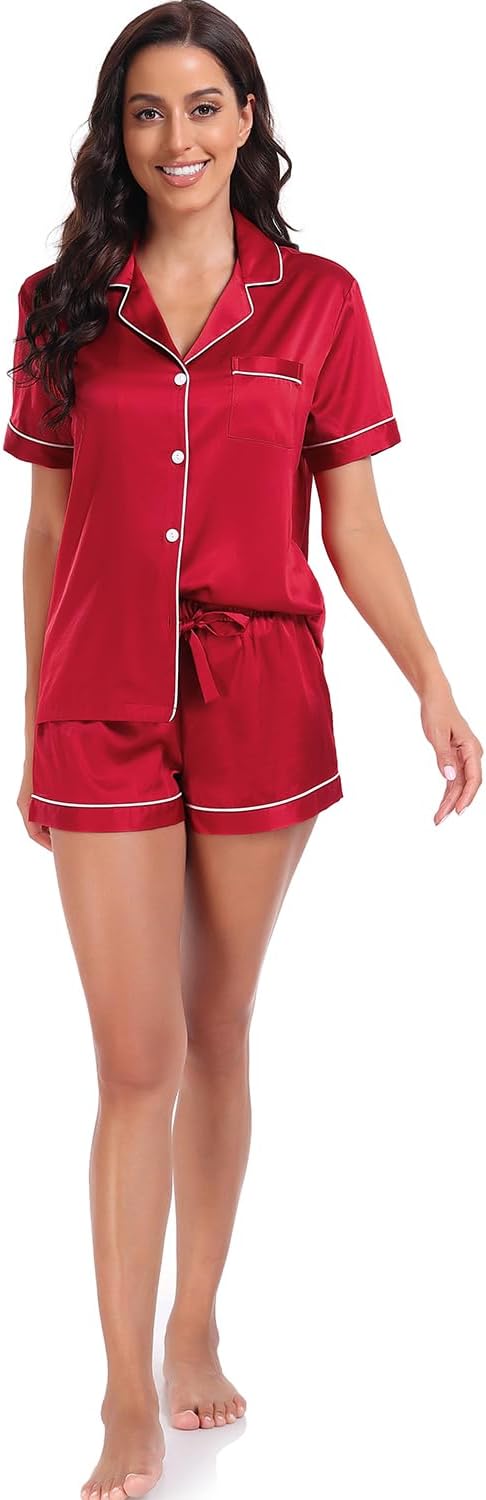 Women's Satin Pajama Set 2-Piece Sleepwear Loungewear Button Down Short Sleeve Silky PJ Set