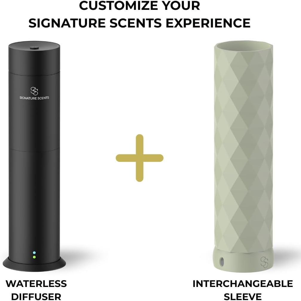 Waterless Essential Oil Hotel Scent Diffuser - Cold Air Diffuser - Covers 1000 sq. ft. - Waterless Diffuser for Home, Office & Hotel (Black + Interchangeable Sleeve) (Black + Light Gray Sleeve)