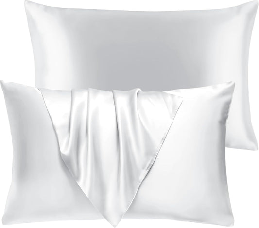 BHZ Satin Goose Down Feather Pillows Standard Size Set of 2 with White Satin Pillowcase for Hair and Skin, Cooling Pillow Cases Similar to Silk Pillow Cases, Decor for Women, Mom Men