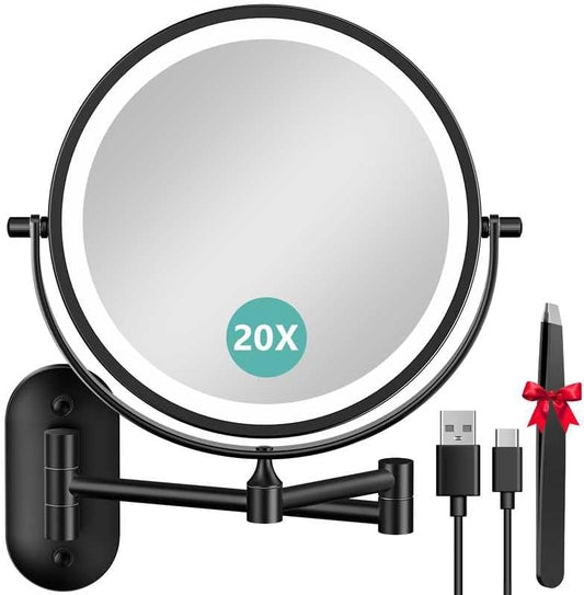 1X/20X Wall Mounted Makeup Mirror with Light, 8" Rechargeable Double-Sided Magnifying Mirror, Vanity Mirror Dimmable 3 Color Light, 360° Extension Rotation Foldable 14.5 Inch Arm for Bathroom